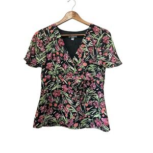 Apt. 9 Floral Print Blouse Top Wrap‎ Style Short Sleeve Lightweight Womens